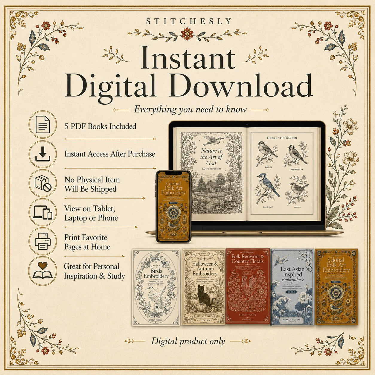 Digital PDF embroidery design bundle cover preview for Nature, Country Folk & Global Color Bundle 4, featuring curated embroidery patterns, motif library references and textile… - preview 11