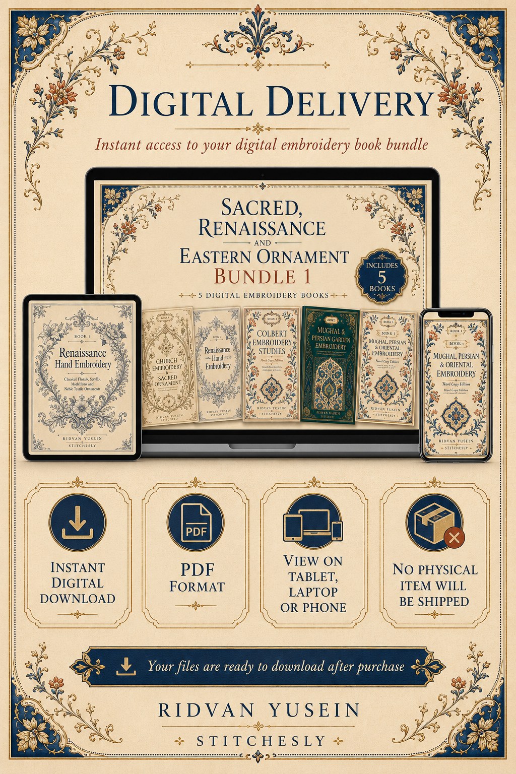 Digital PDF embroidery design bundle cover preview for Sacred, Renaissance & Eastern Ornament Bundle 1, featuring curated embroidery patterns, motif library references and… - preview 11