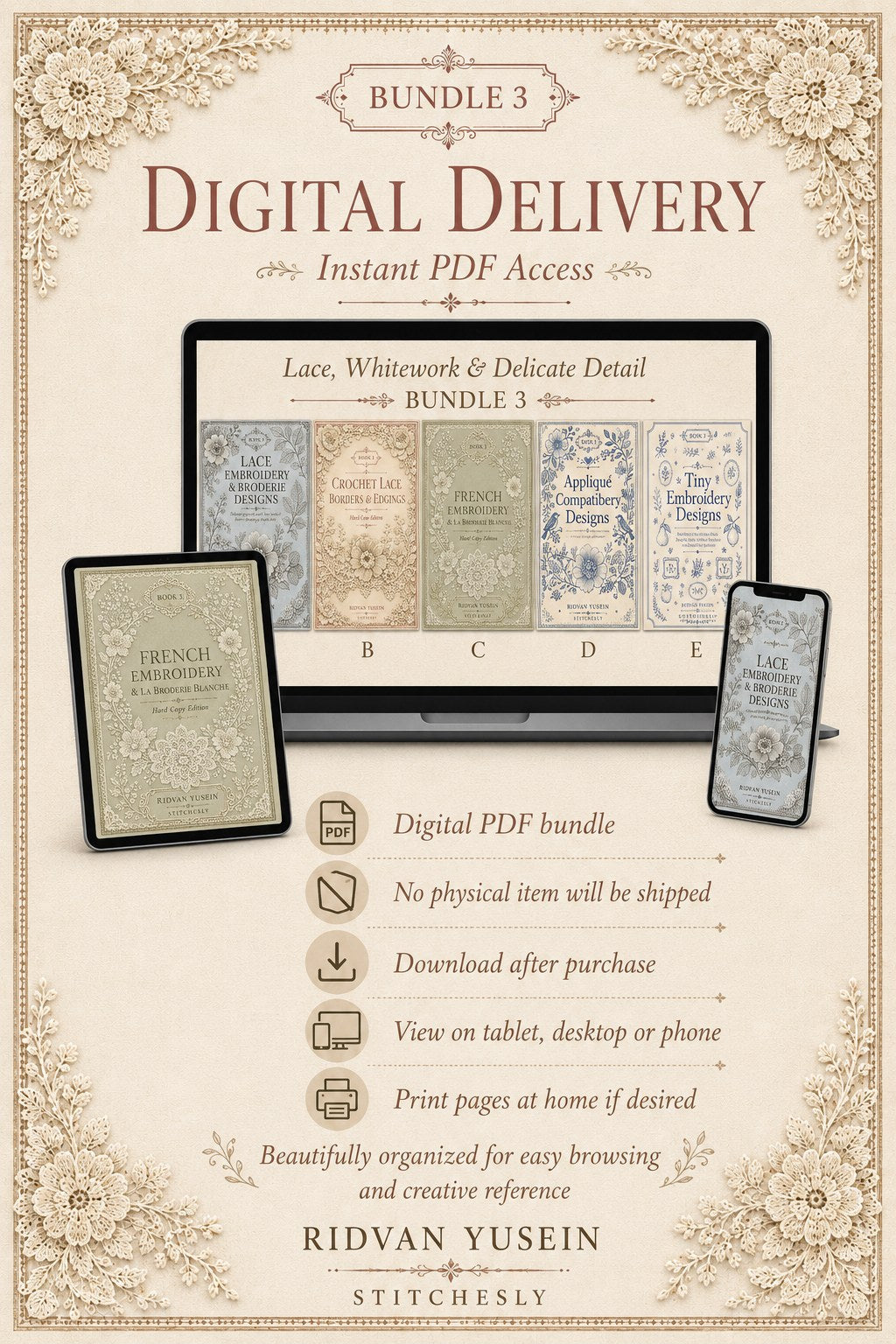 Digital PDF embroidery design bundle cover preview for Lace, Whitework & Delicate Detail Bundle 3, featuring curated embroidery patterns, motif library references and textile… - preview 13