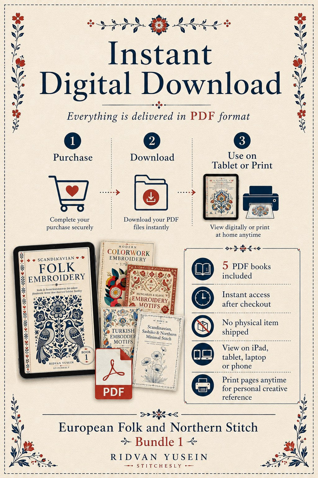 Digital PDF embroidery design bundle cover preview for European Folk & Northern Stitch Bundle 1, featuring curated embroidery patterns, motif library references and textile… - preview 11