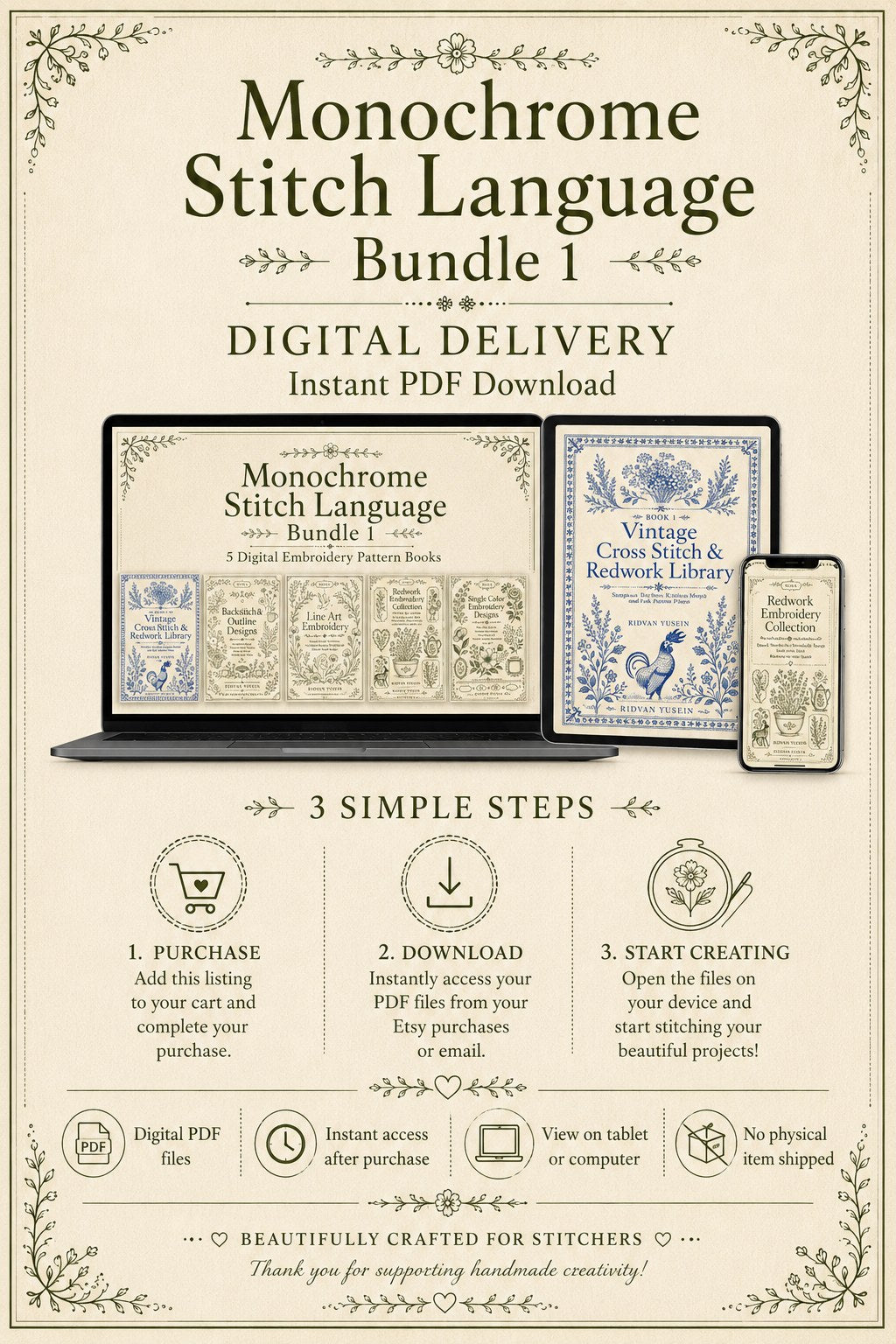 Digital PDF embroidery design bundle cover preview for Monochrome Stitch Language Bundle 1, featuring curated embroidery patterns, motif library references and textile design… - preview 11