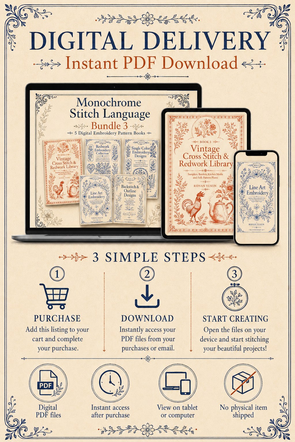 Digital PDF embroidery design bundle cover preview for Monochrome Stitch Language Bundle 3, featuring curated embroidery patterns, motif library references and textile design… - preview 11