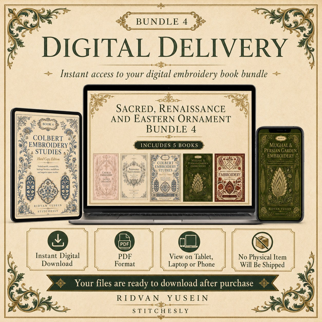 Digital PDF embroidery design bundle cover preview for Sacred, Renaissance & Eastern Ornament Bundle 4, featuring curated embroidery patterns, motif library references and… - preview 11