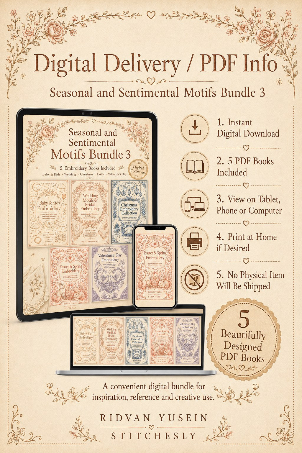 Digital PDF embroidery design bundle cover preview for Seasonal & Sentimental Motifs Bundle 3, featuring curated embroidery patterns, motif library references and textile design… - preview 11