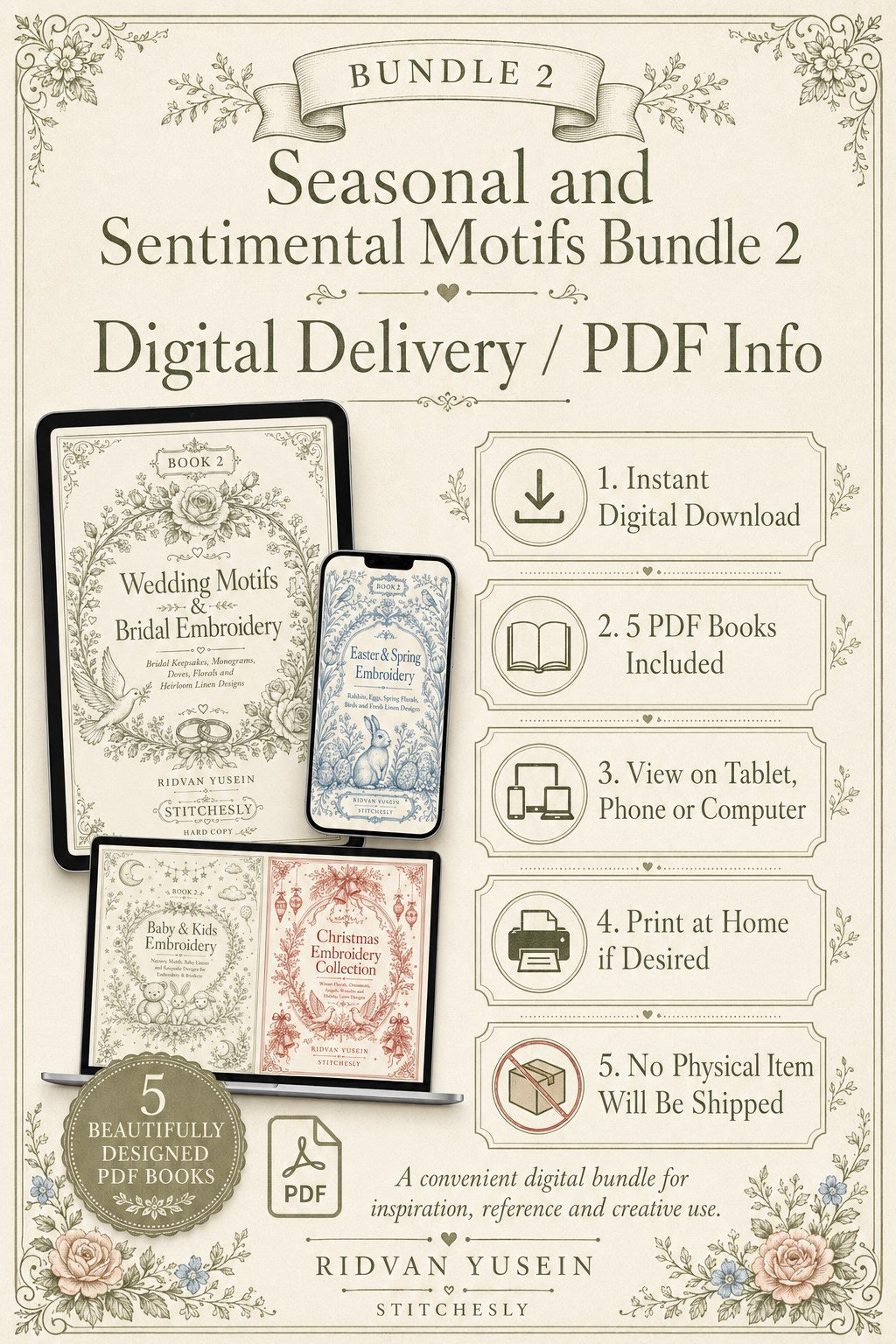 Digital PDF embroidery design bundle cover preview for Seasonal & Sentimental Motifs Bundle 2, featuring curated embroidery patterns, motif library references and textile design… - preview 11