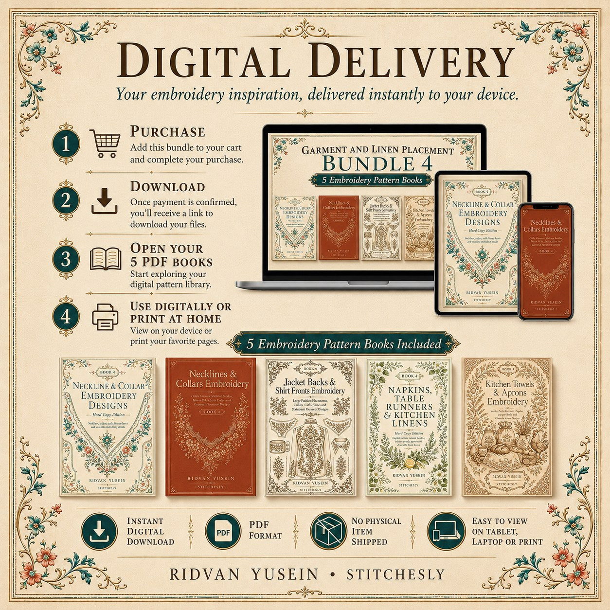 Digital PDF embroidery design bundle cover preview for Garment & Linen Placement Bundle 4, featuring curated embroidery patterns, motif library references and textile design… - preview 11