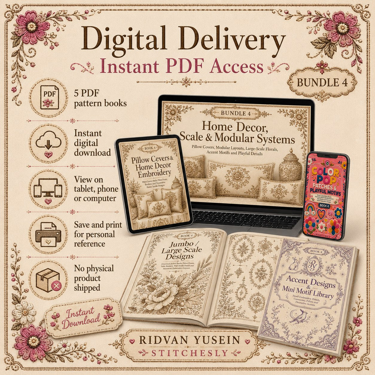 Digital PDF embroidery design bundle cover preview for Home Decor, Scale & Modular Systems Bundle 4, featuring curated embroidery patterns, motif library references and textile… - preview 11