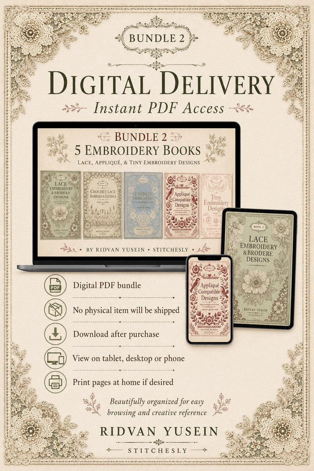Digital PDF embroidery design bundle cover preview for Lace, Whitework & Delicate Detail Bundle 2, featuring curated embroidery patterns, motif library references and textile… - preview 11
