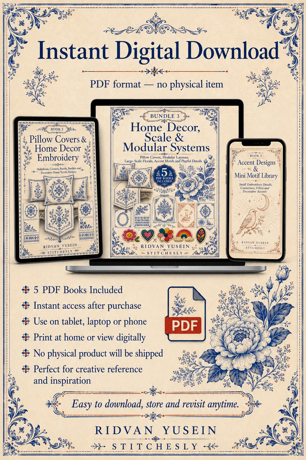 Digital PDF embroidery design bundle cover preview for Home Decor, Scale & Modular Systems Bundle 3, featuring curated embroidery patterns, motif library references and textile… - preview 11