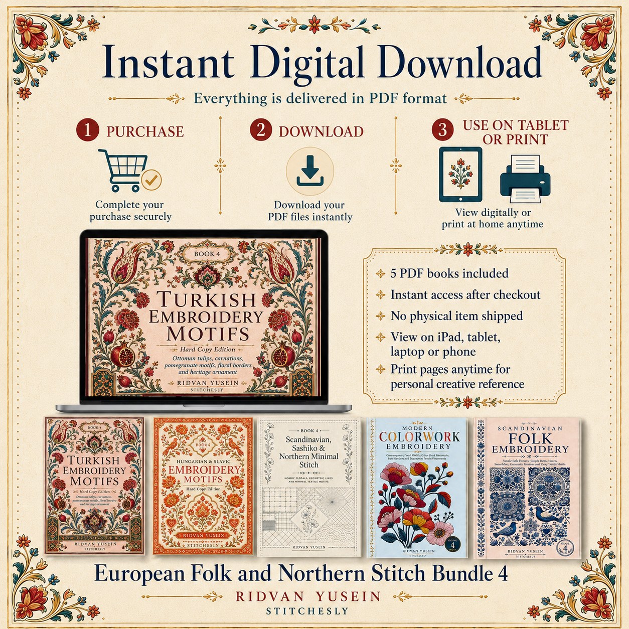 Digital PDF embroidery design bundle cover preview for European Folk & Northern Stitch Bundle 4, featuring curated embroidery patterns, motif library references and textile… - preview 11