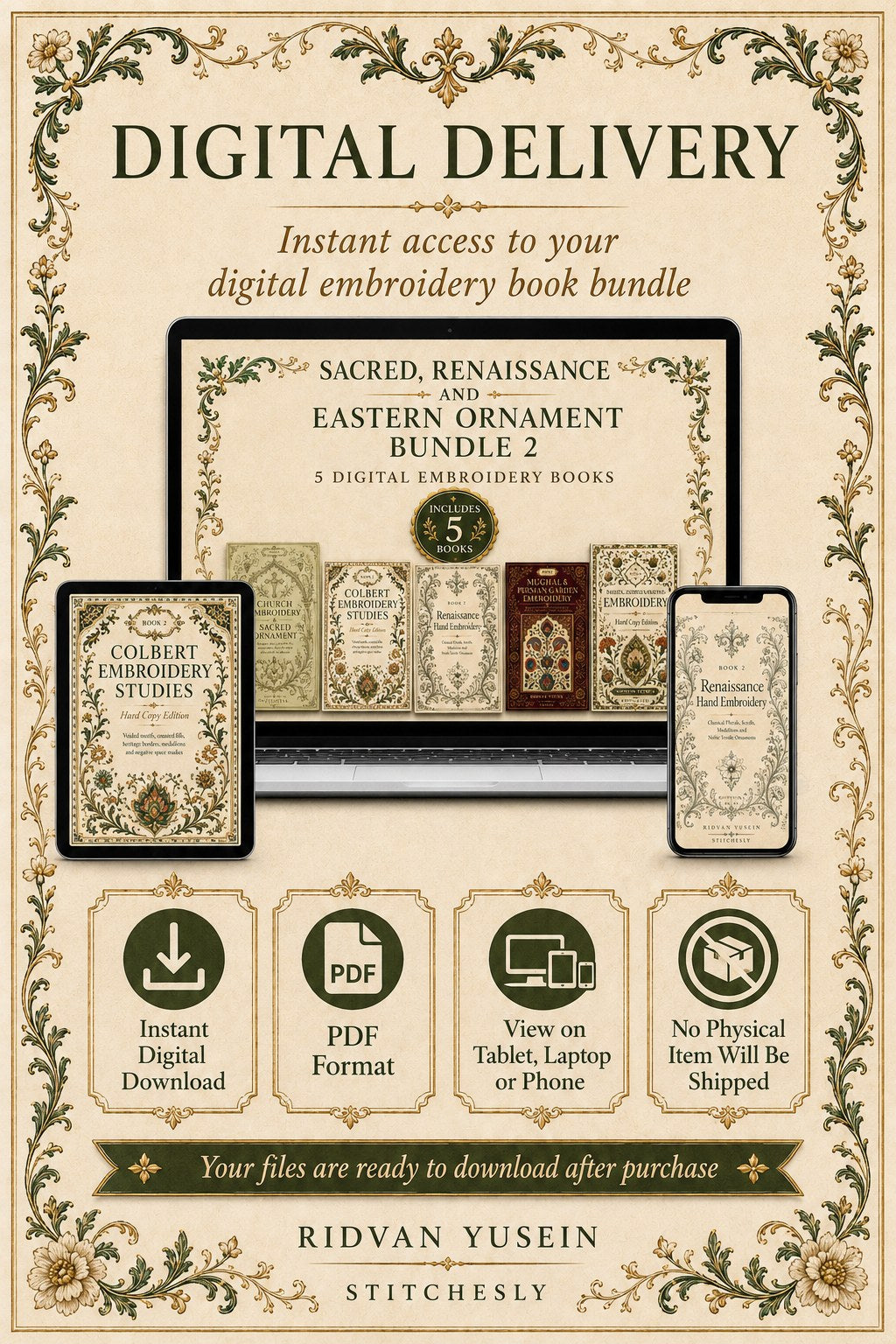 Digital PDF embroidery design bundle cover preview for Sacred, Renaissance & Eastern Ornament Bundle 2, featuring curated embroidery patterns, motif library references and… - preview 11
