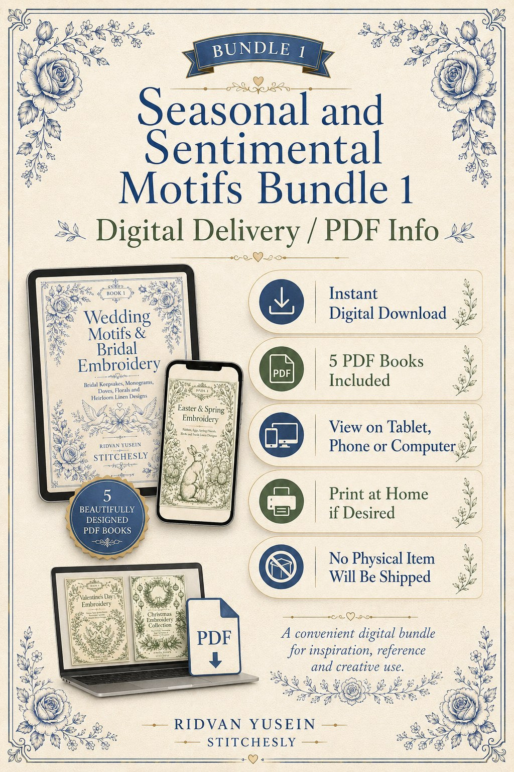 Digital PDF embroidery design bundle cover preview for Seasonal & Sentimental Motifs Bundle 1, featuring curated embroidery patterns, motif library references and textile design… - preview 11