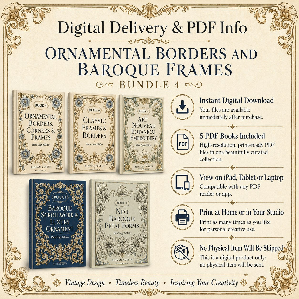 Digital PDF embroidery design bundle cover preview for Ornamental Borders & Baroque Frames Bundle 4, featuring curated embroidery patterns, motif library references and textile… - preview 11