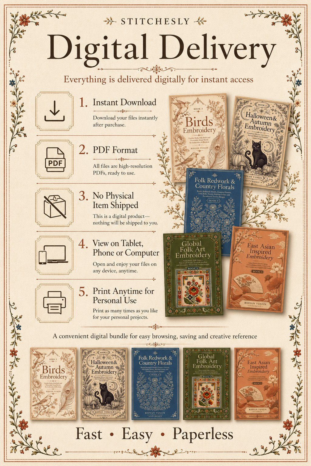 Digital PDF embroidery design bundle cover preview for Nature, Country Folk & Global Color Bundle 3, featuring curated embroidery patterns, motif library references and textile… - preview 11