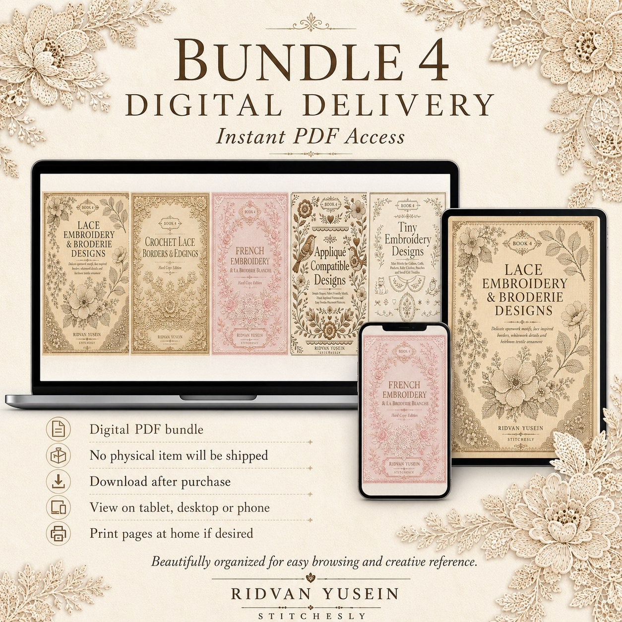 Digital PDF embroidery design bundle cover preview for Lace, Whitework & Delicate Detail Bundle 4, featuring curated embroidery patterns, motif library references and textile… - preview 11