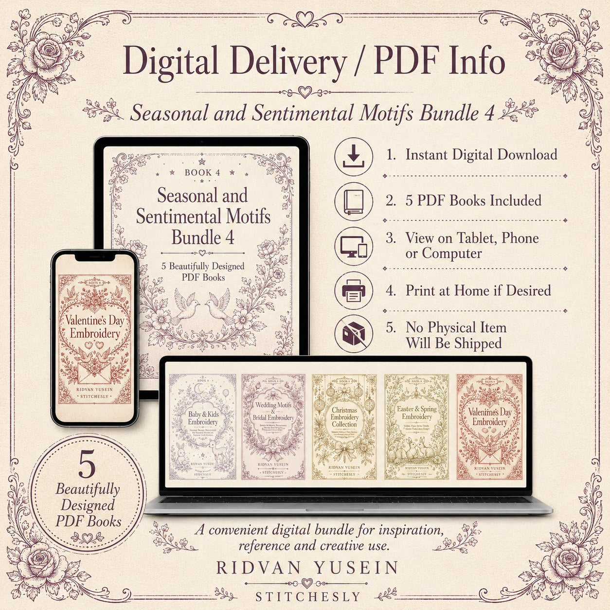 Digital PDF embroidery design bundle cover preview for Seasonal & Sentimental Motifs Bundle 4, featuring curated embroidery patterns, motif library references and textile design… - preview 11