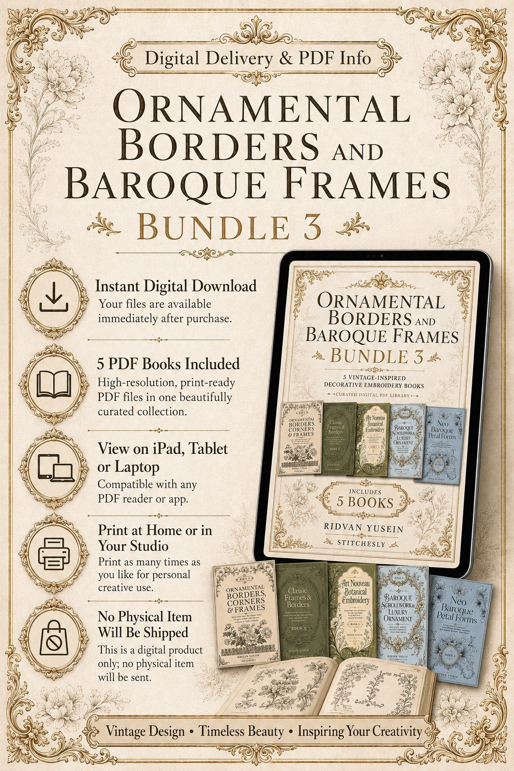 Digital PDF embroidery design bundle cover preview for Ornamental Borders & Baroque Frames Bundle 3, featuring curated embroidery patterns, motif library references and textile… - preview 11