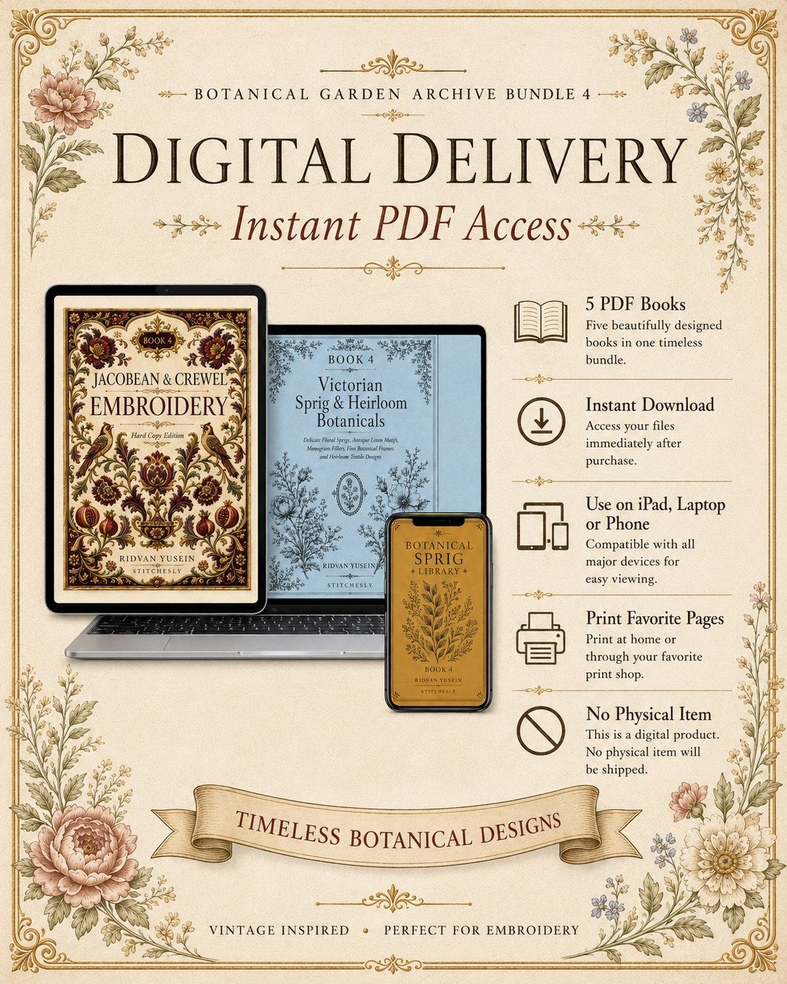 Digital PDF embroidery design bundle cover preview for Botanical Garden Archive Bundle 4, featuring curated embroidery patterns, motif library references and textile design… - preview 11