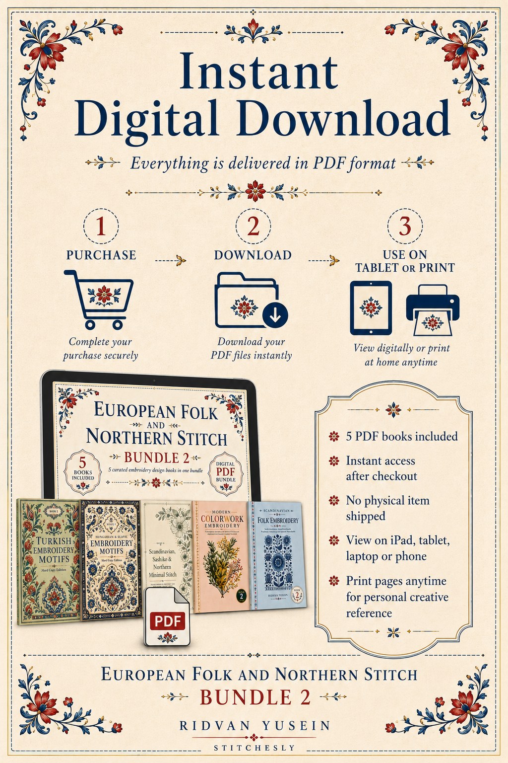 Digital PDF embroidery design bundle cover preview for European Folk & Northern Stitch Bundle 2, featuring curated embroidery patterns, motif library references and textile… - preview 11