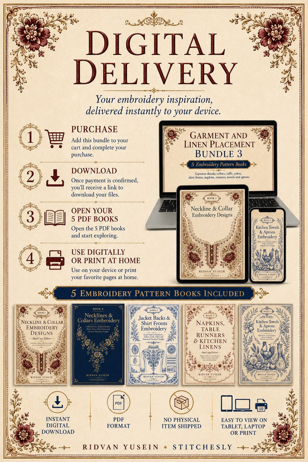 Digital PDF embroidery design bundle cover preview for Garment & Linen Placement Bundle 3, featuring curated embroidery patterns, motif library references and textile design… - preview 11