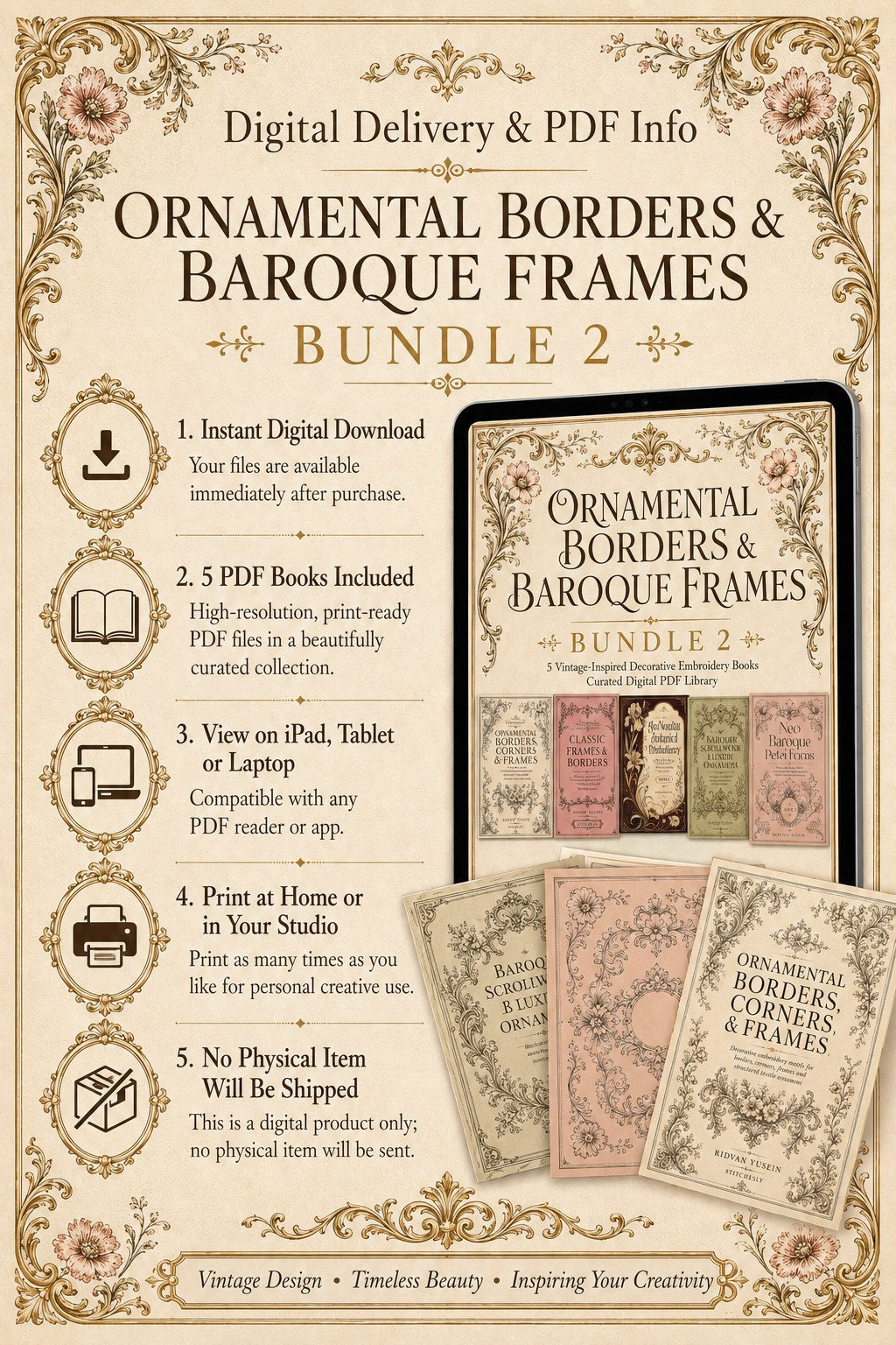 Digital PDF embroidery design bundle cover preview for Ornamental Borders & Baroque Frames Bundle 2, featuring curated embroidery patterns, motif library references and textile… - preview 11