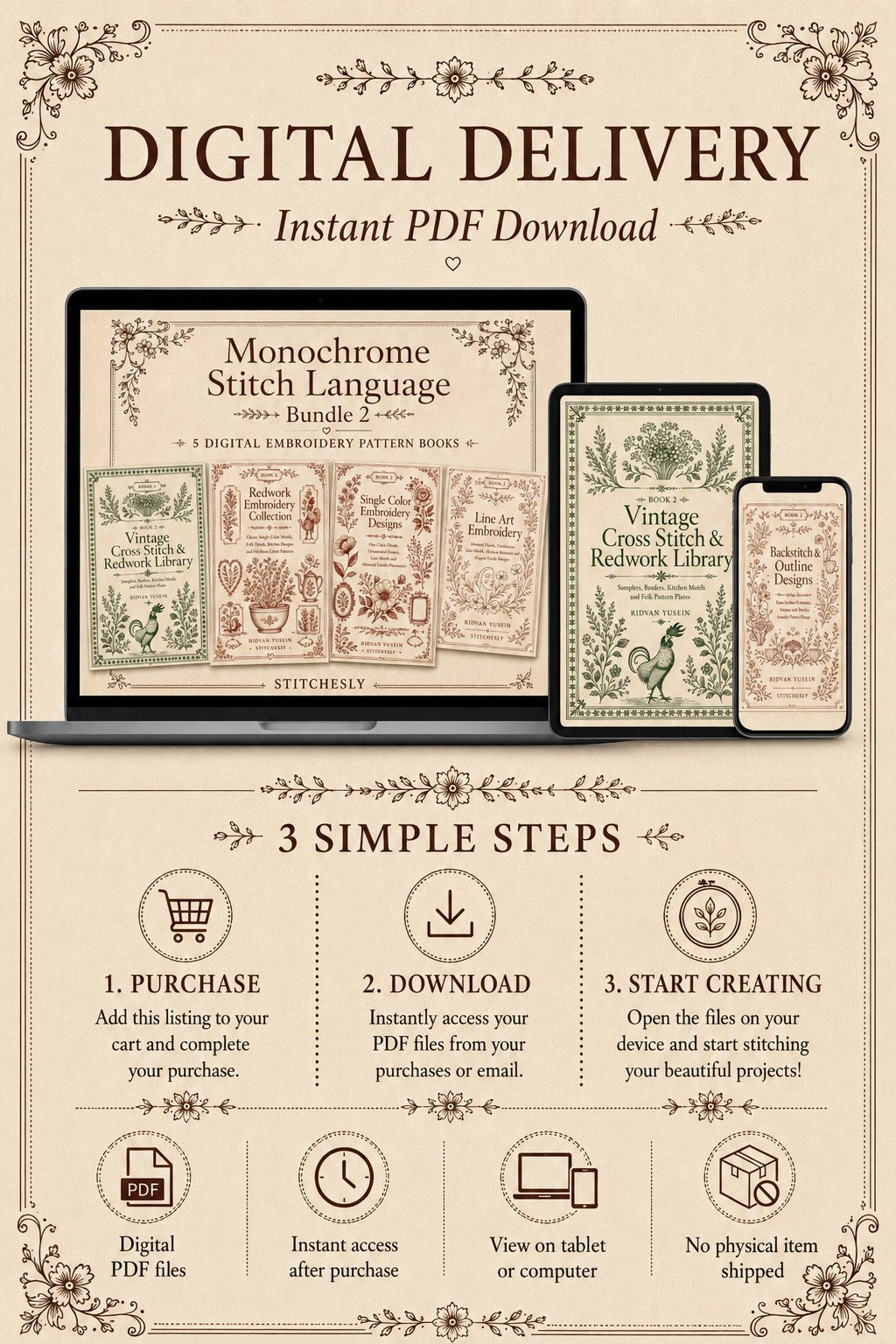 Digital PDF embroidery design bundle cover preview for Monochrome Stitch Language Bundle 2, featuring curated embroidery patterns, motif library references and textile design… - preview 11