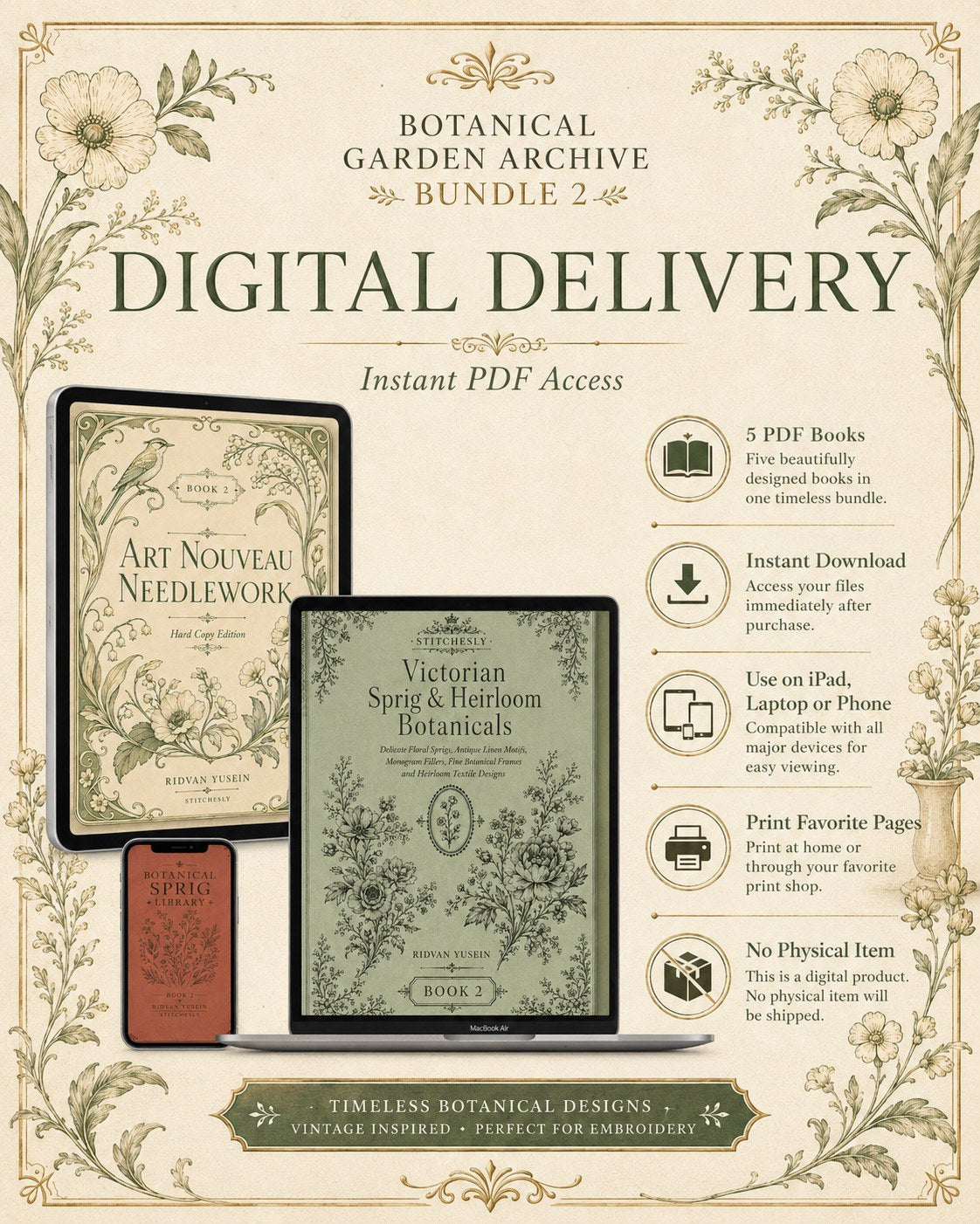 Digital PDF embroidery design bundle cover preview for Botanical Garden Archive Bundle 2, featuring curated embroidery patterns, motif library references and textile design… - preview 11