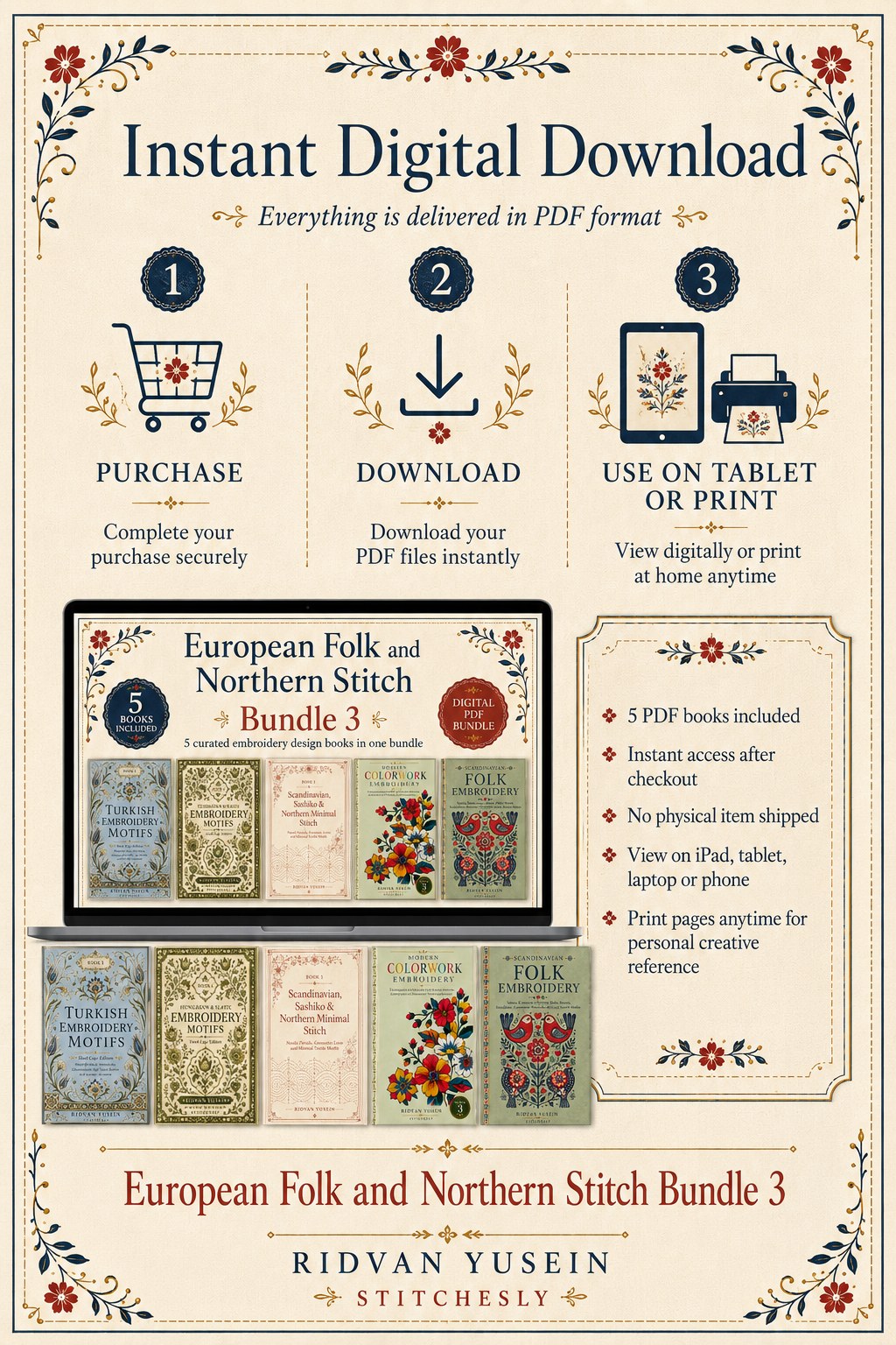 Digital PDF embroidery design bundle cover preview for European Folk & Northern Stitch Bundle 3, featuring curated embroidery patterns, motif library references and textile… - preview 11