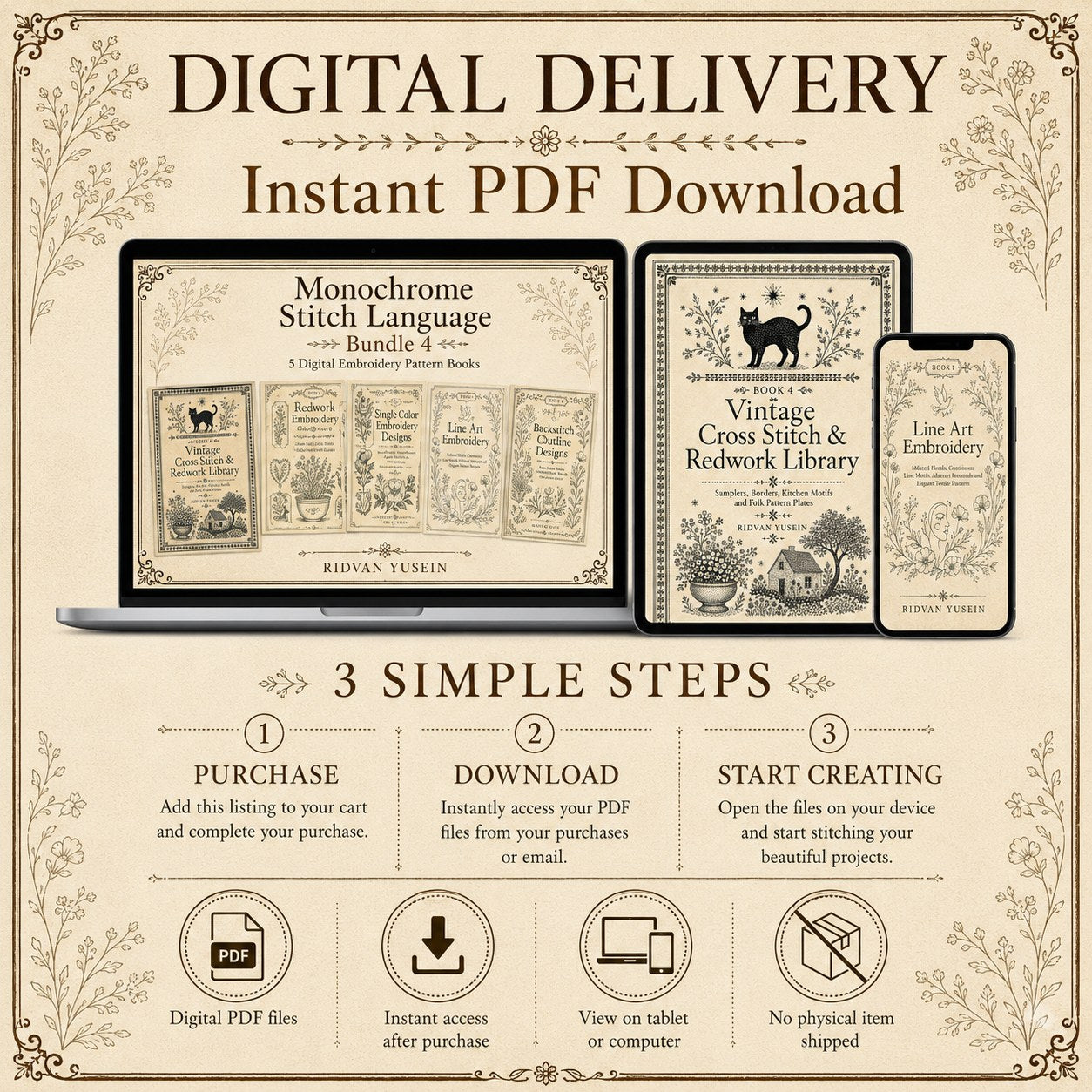 Digital PDF embroidery design bundle cover preview for Monochrome Stitch Language Bundle 4, featuring curated embroidery patterns, motif library references and textile design… - preview 11
