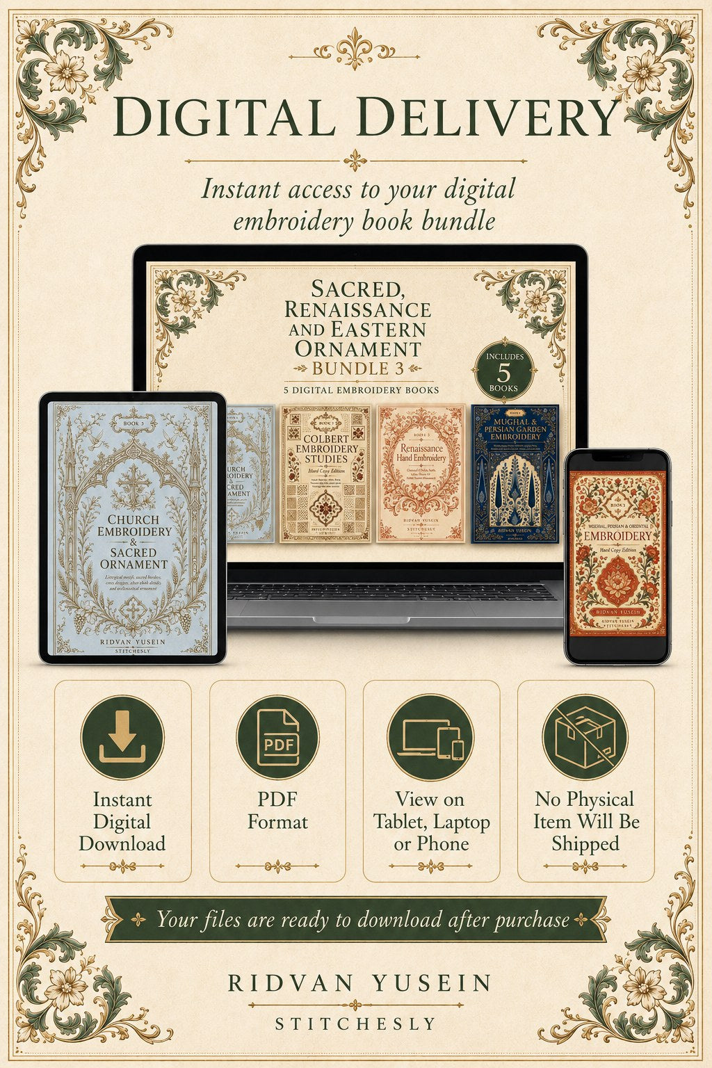 Digital PDF embroidery design bundle cover preview for Sacred, Renaissance & Eastern Ornament Bundle 3, featuring curated embroidery patterns, motif library references and… - preview 11