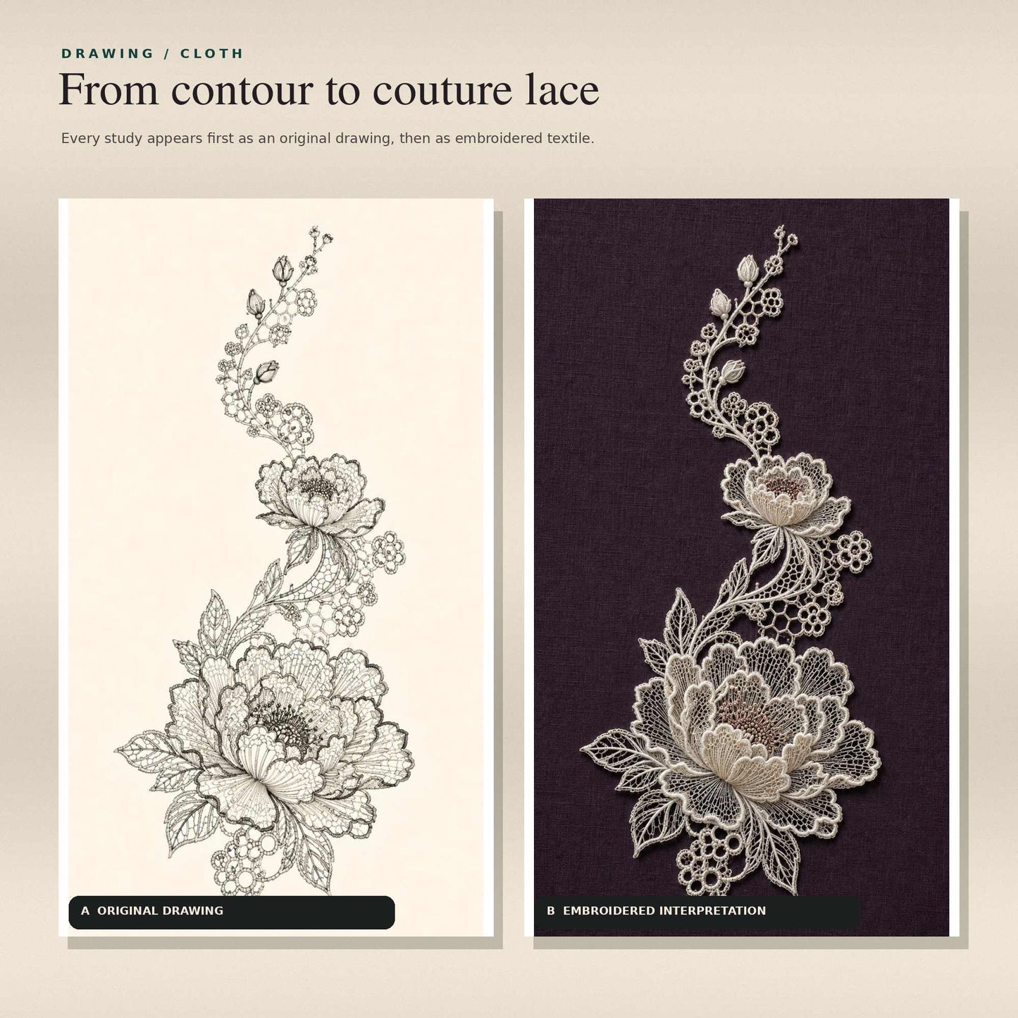 Original botanical lace drawing beside its embroidered guipure textile interpretation