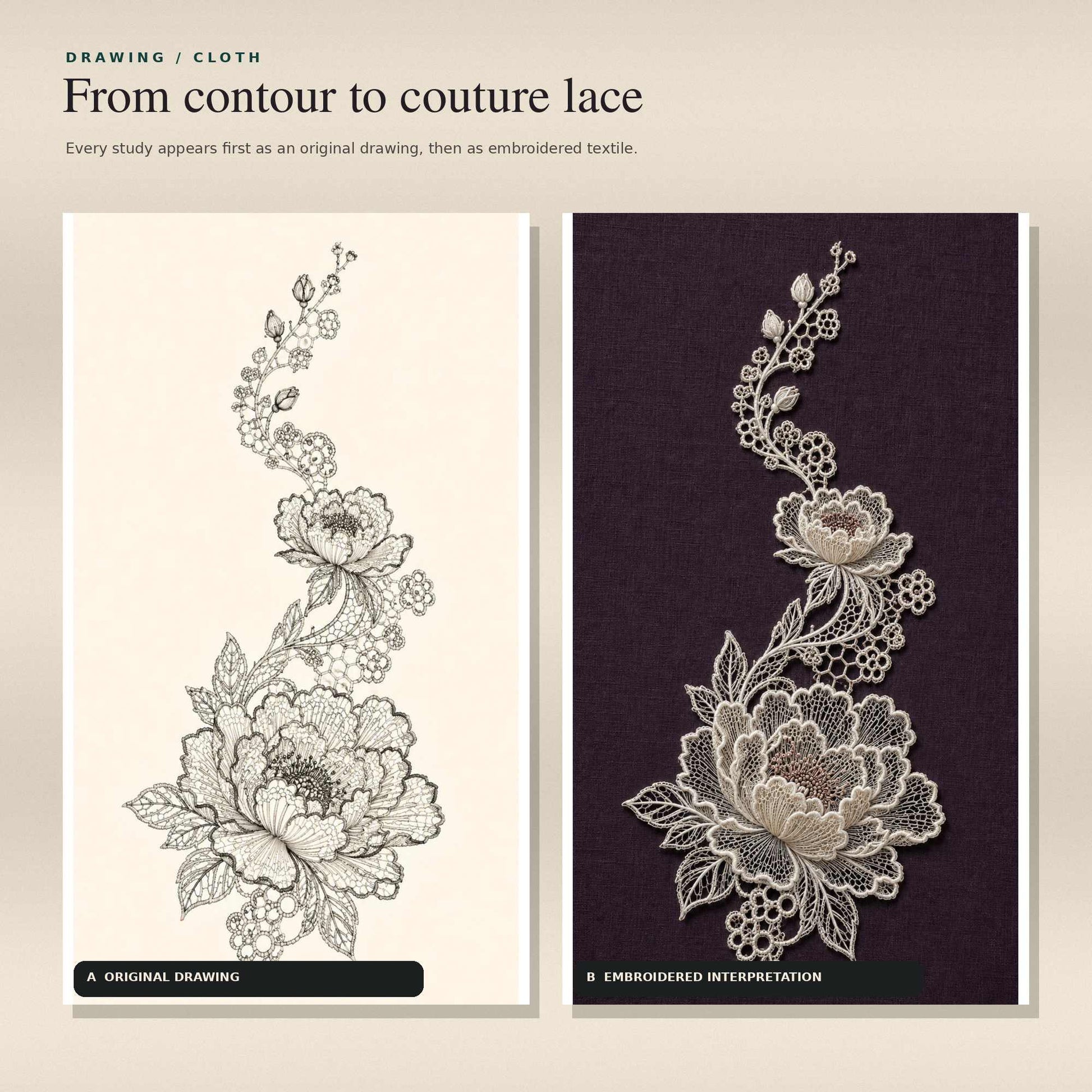 Original botanical lace drawing beside its embroidered guipure textile interpretation