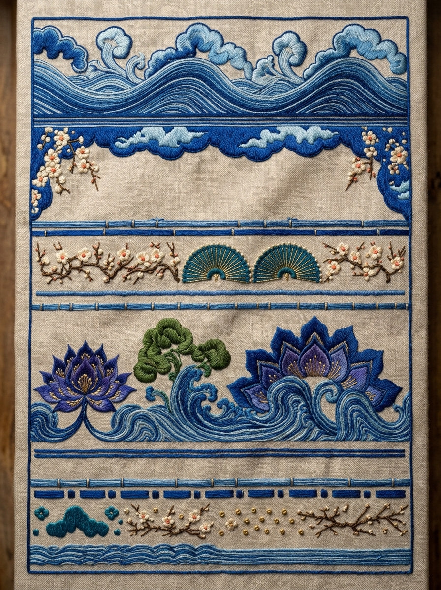 East Asian Border And Frame from East Asian Inspired Embroidery Book 7, a digital embroidery design reference for machine embroidery designs, embroidery patterns and border and edge embroidery.