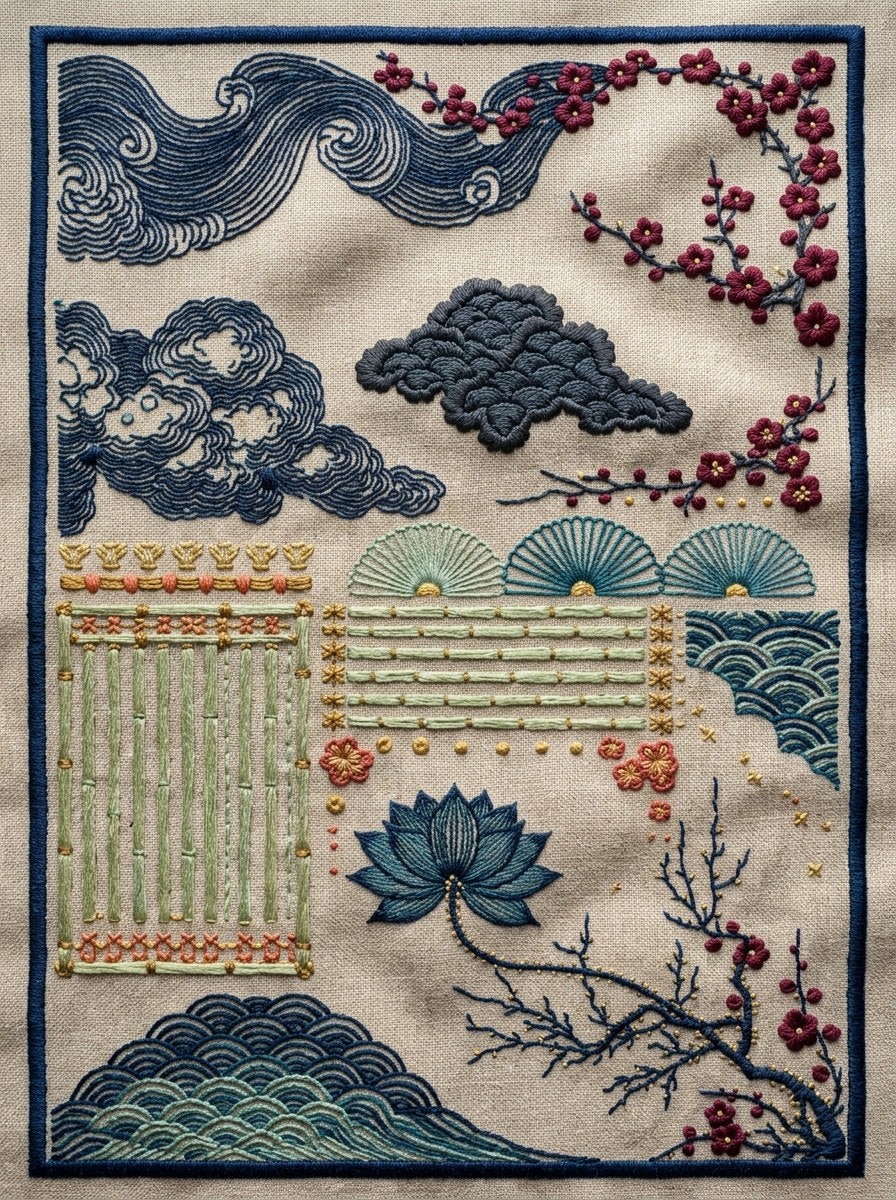 East Asian Border And Frame from East Asian Inspired Embroidery Book 6, a digital embroidery design reference for machine embroidery designs, embroidery patterns and border and edge embroidery.