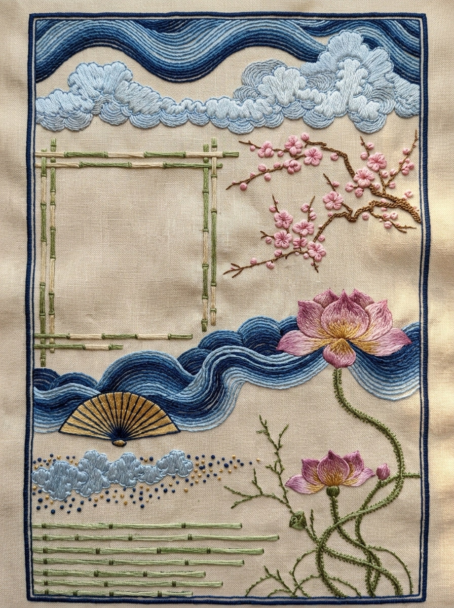 East Asian Border And Frame from East Asian Inspired Embroidery Book 5, a digital embroidery design reference for machine embroidery designs, embroidery patterns and border and edge embroidery.