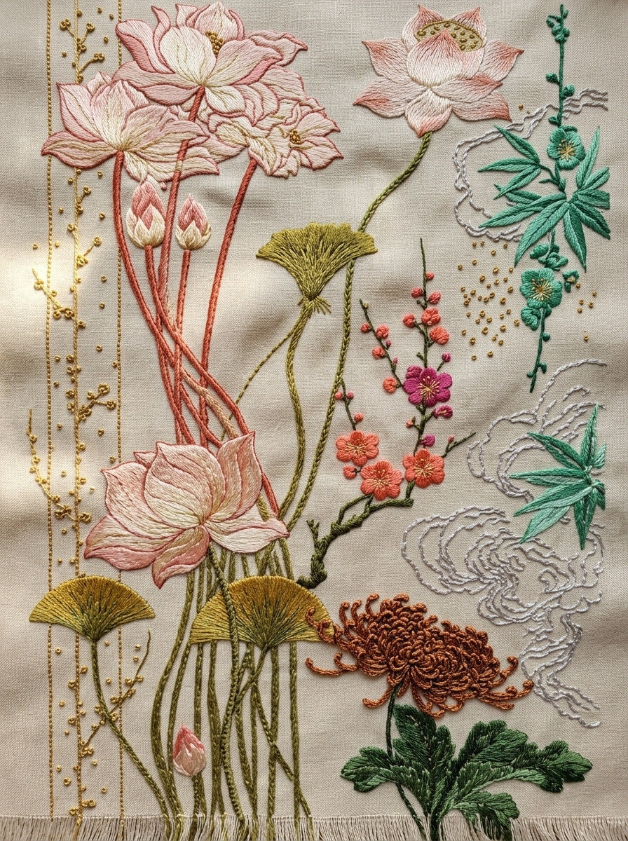 East Asian Home Textile Library from East Asian Inspired Embroidery Book 1, a digital embroidery design reference for machine embroidery designs, embroidery patterns and embroidery design reference.