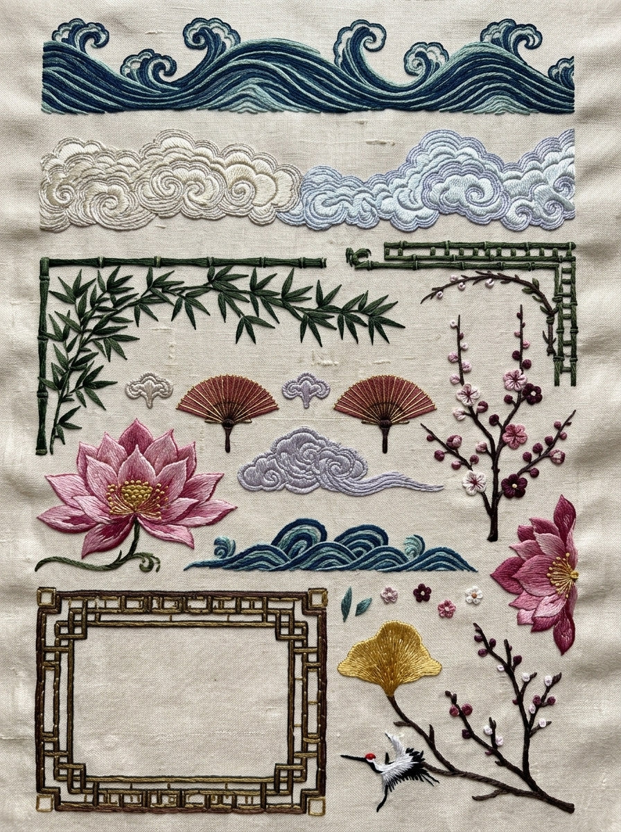 East Asian Inspired Embroidery Pattern 2 from East Asian Inspired Embroidery Book 5, a digital embroidery design reference for machine embroidery designs, embroidery patterns and embroidery design reference.