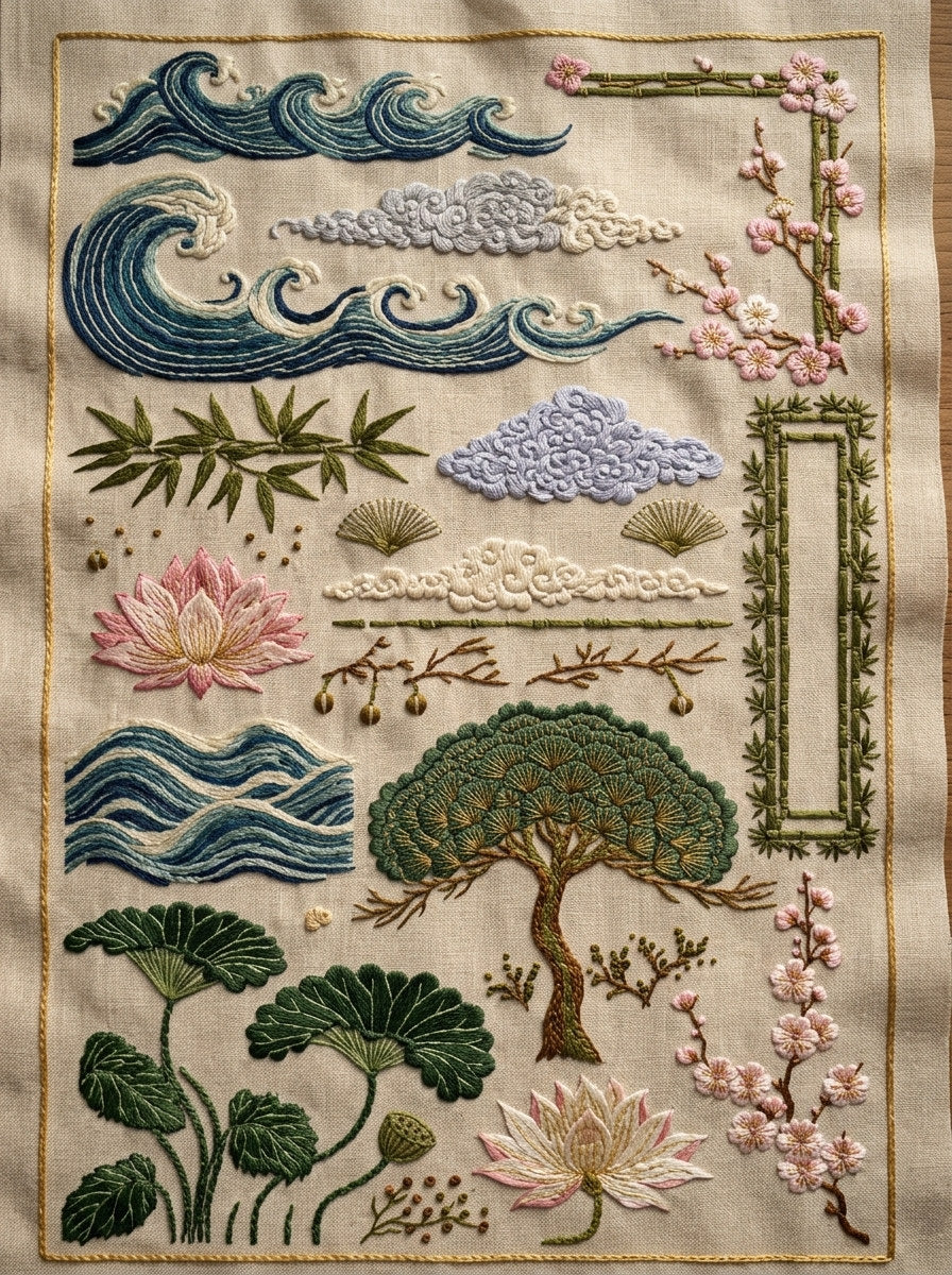 East Asian Inspired Embroidery Pattern 3 from East Asian Inspired Embroidery Book 7, a digital embroidery design reference for machine embroidery designs, embroidery patterns and embroidery design reference.