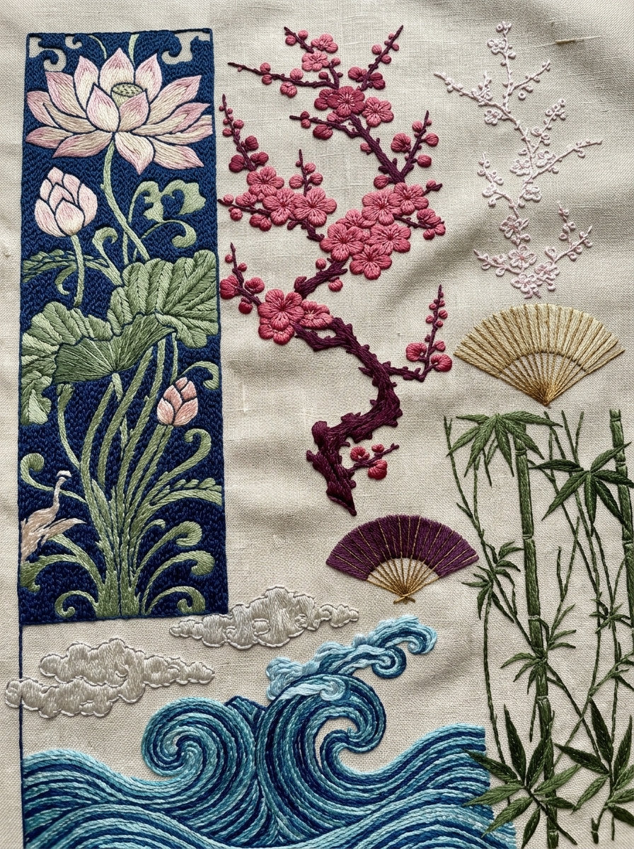 East Asian Inspired Home Textile from East Asian Inspired Embroidery Book 7, a digital embroidery design reference for machine embroidery designs, embroidery patterns and embroidery design reference.