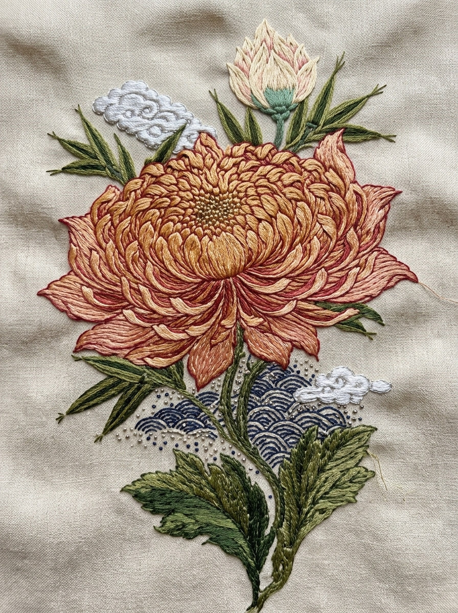 East Asian Inspired Pillow Motif from East Asian Inspired Embroidery Book 1, a digital embroidery design reference for machine embroidery designs, embroidery patterns and linen and home textile projects.