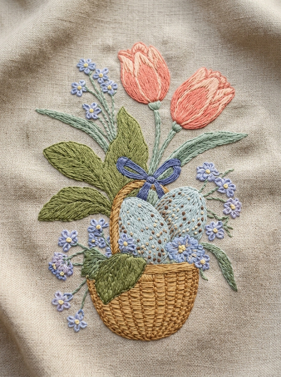 Easter Basket Gift Bag Motif from Easter & Spring Embroidery Book 2, a digital embroidery design reference for machine embroidery designs, embroidery patterns and seasonal embroidery motifs.