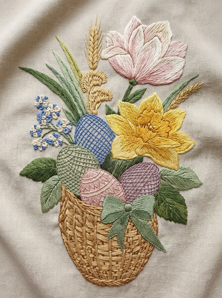 Easter Basket Gift Bag Motif from Easter & Spring Embroidery Book 4, a digital embroidery design reference for machine embroidery designs, embroidery patterns and seasonal embroidery motifs.