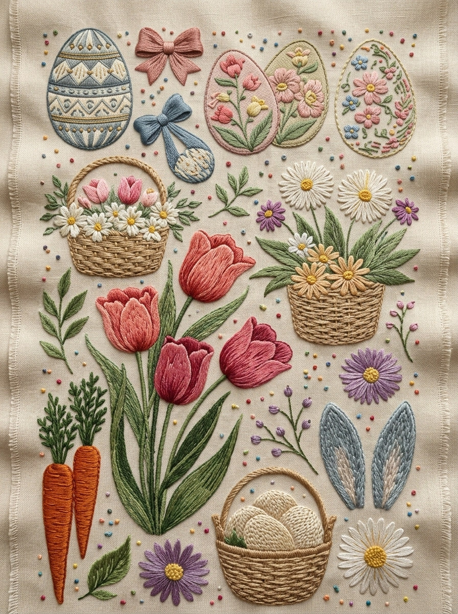 Easter Egg And Basket Library from Easter & Spring Embroidery Book 1, a digital embroidery design reference for machine embroidery designs, embroidery patterns and seasonal embroidery motifs.