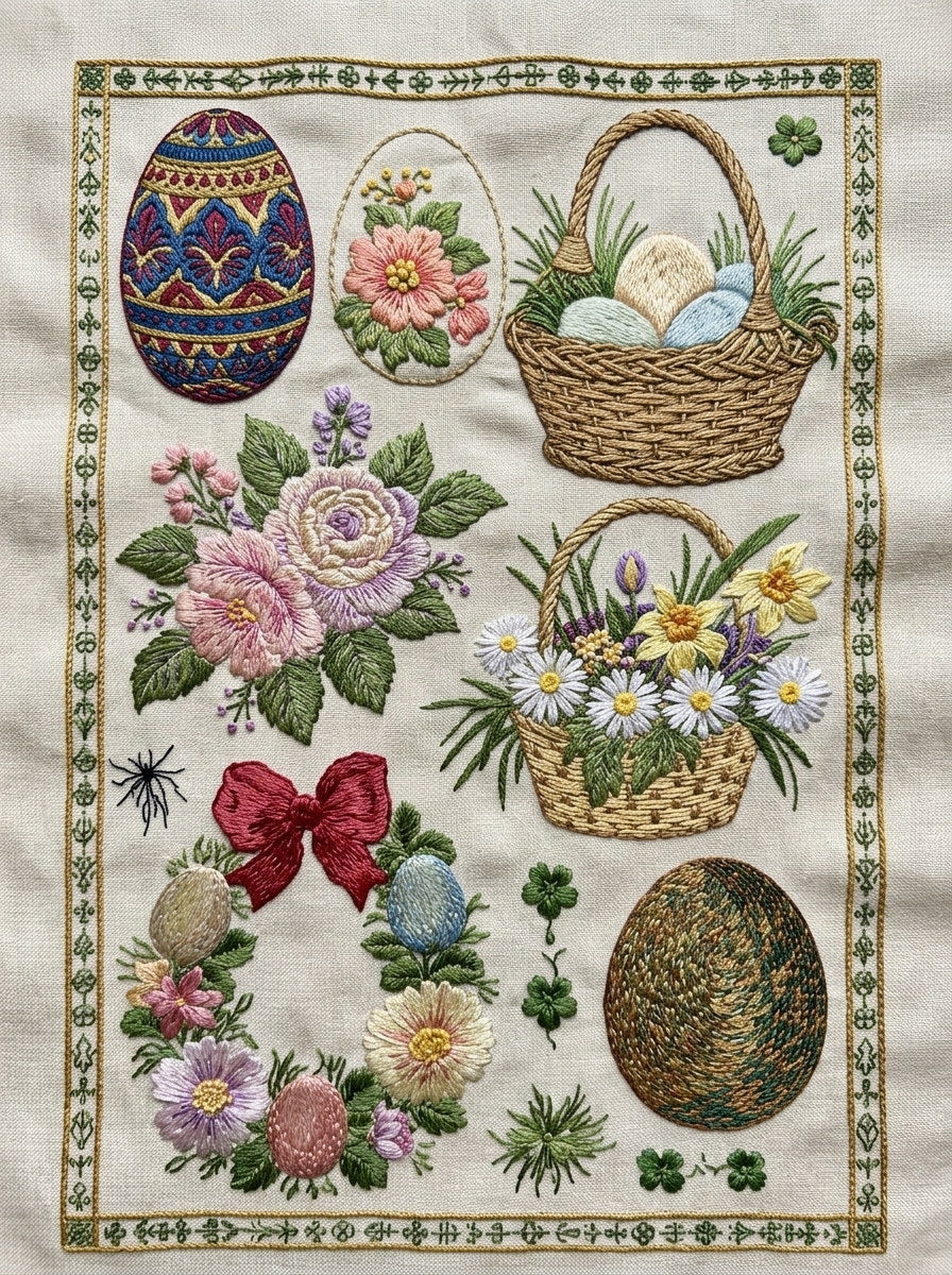 Easter Egg Basket And Symbol from Easter & Spring Embroidery Book 2, a digital embroidery design reference for machine embroidery designs, embroidery patterns and seasonal embroidery motifs.