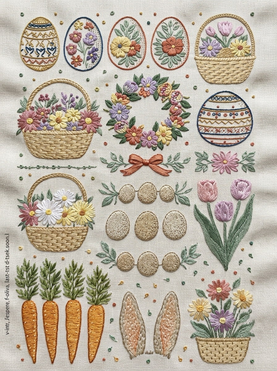 Easter Eggs Baskets And Spring from Easter & Spring Embroidery Book 2, a digital embroidery design reference for machine embroidery designs, embroidery patterns and seasonal embroidery motifs.