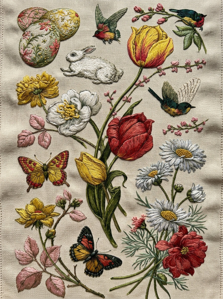 Easter Home Linen Library Plate from Easter & Spring Embroidery Book 3, a digital embroidery design reference for machine embroidery designs, embroidery patterns and linen and home textile projects.