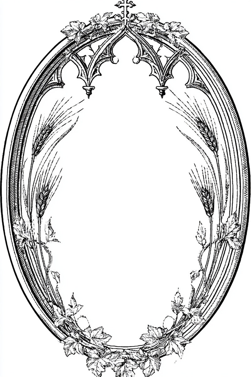 Ecclesiastical Oval Arch Frame from Church Embroidery & Sacred Ornament Book 2, a digital embroidery design reference for machine embroidery designs, embroidery patterns and frames and monogram spaces.