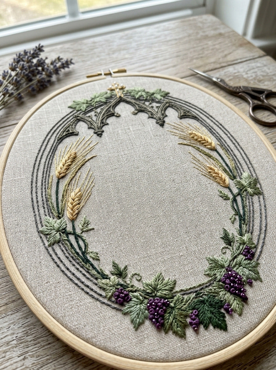 Ecclesiastical Oval Arch Frame from Church Embroidery & Sacred Ornament Book 2, a digital embroidery design reference for machine embroidery designs, embroidery patterns and frames and monogram spaces.