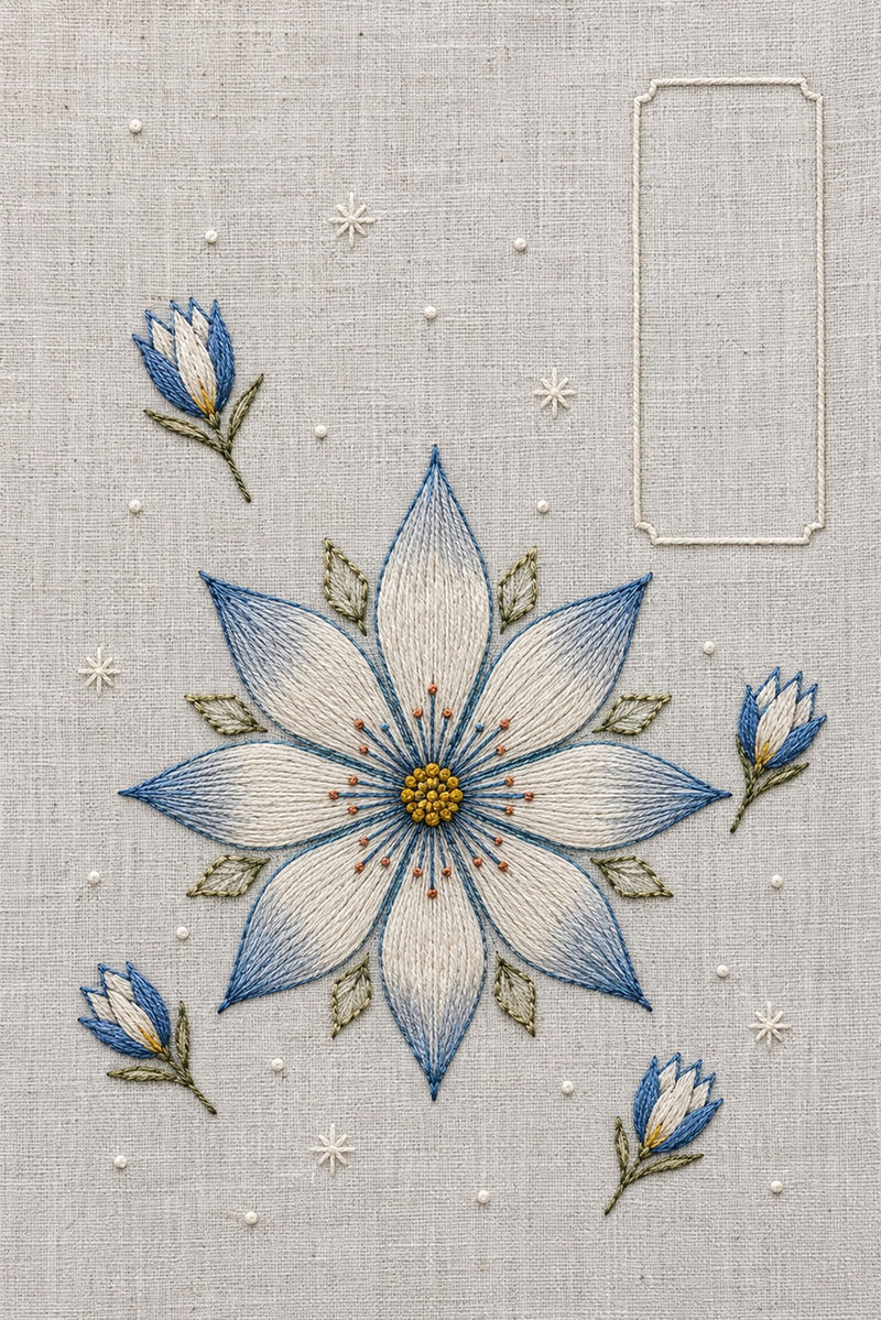 Illustrative embroidery design: A large eight-petal snowflower sits with detached buds and sparse frost stars beside an empty label shape.