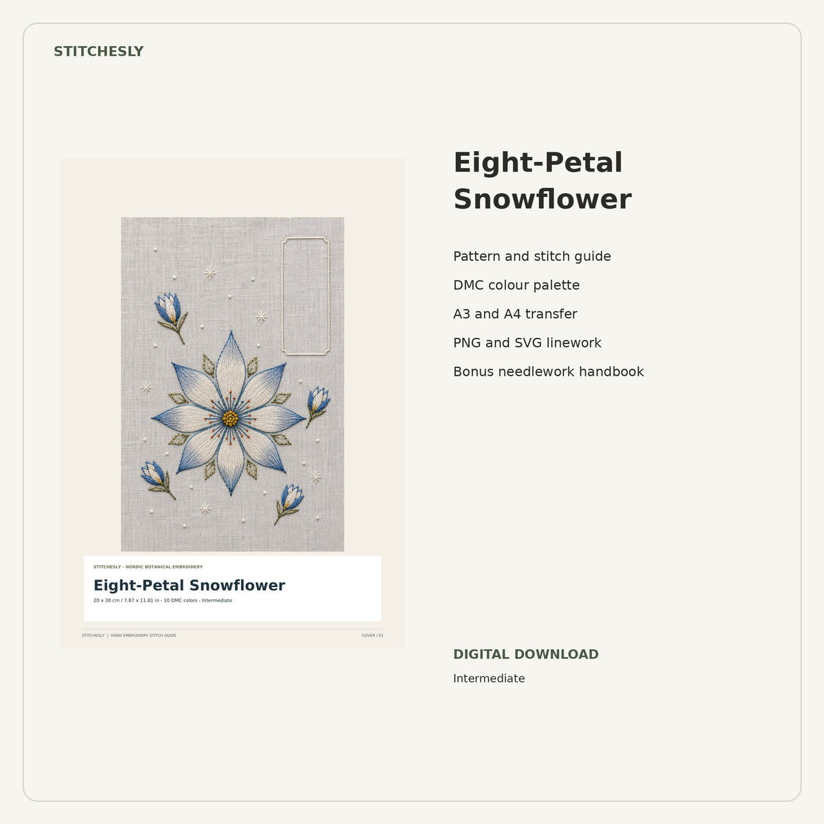 Eight-Petal Snowflower PDF stitch guide cover, pattern files and bonus needlework handbook.